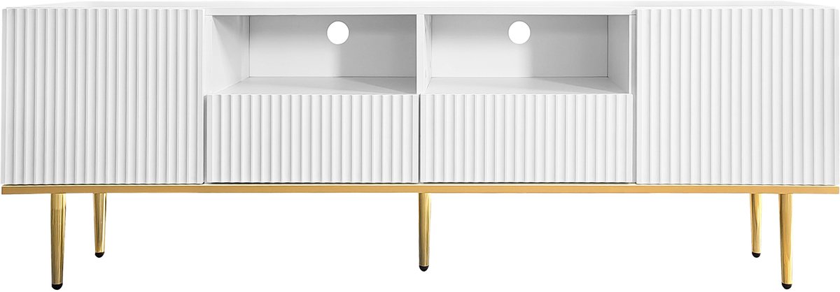TV Meubel - 165 cm Met Geribbelde Deuren En Gouden Poten - Wit