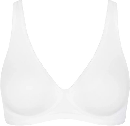 Witte beha zonder beugel met een V-hals en sierstiksels langs de randen.