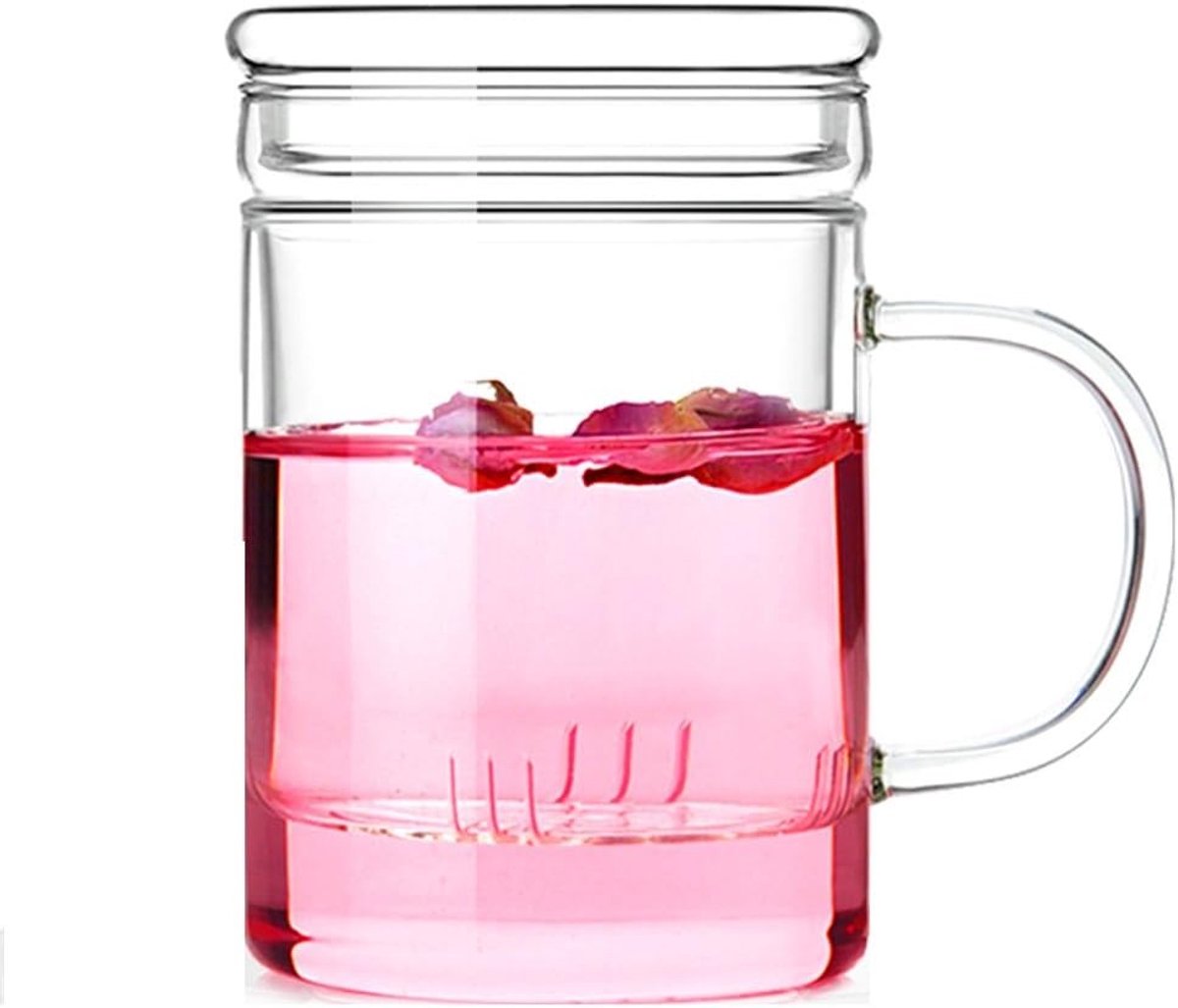 Glazen theekop van 380 ml met glazen filter en vlakke deksel voor optimaal theeplezier