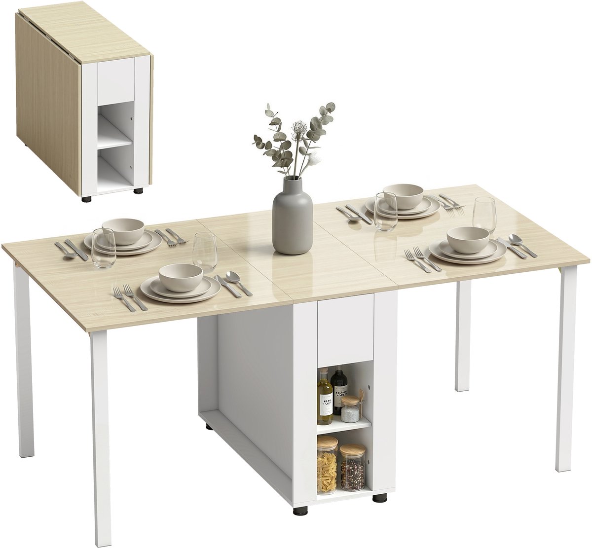 Uitklapbare Eettafel – Inklapbare Tafel –met 2 lades en 4 opbergvakken– Voor 6 Personen – Wit