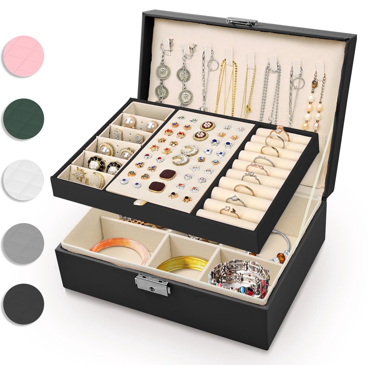 Eucomir Women's Travel Jewellery Box - 2 Layer Grote PU Lederen Sieraden Organizer voor Ringen, Armbanden, Oorbellen - ShopVlot