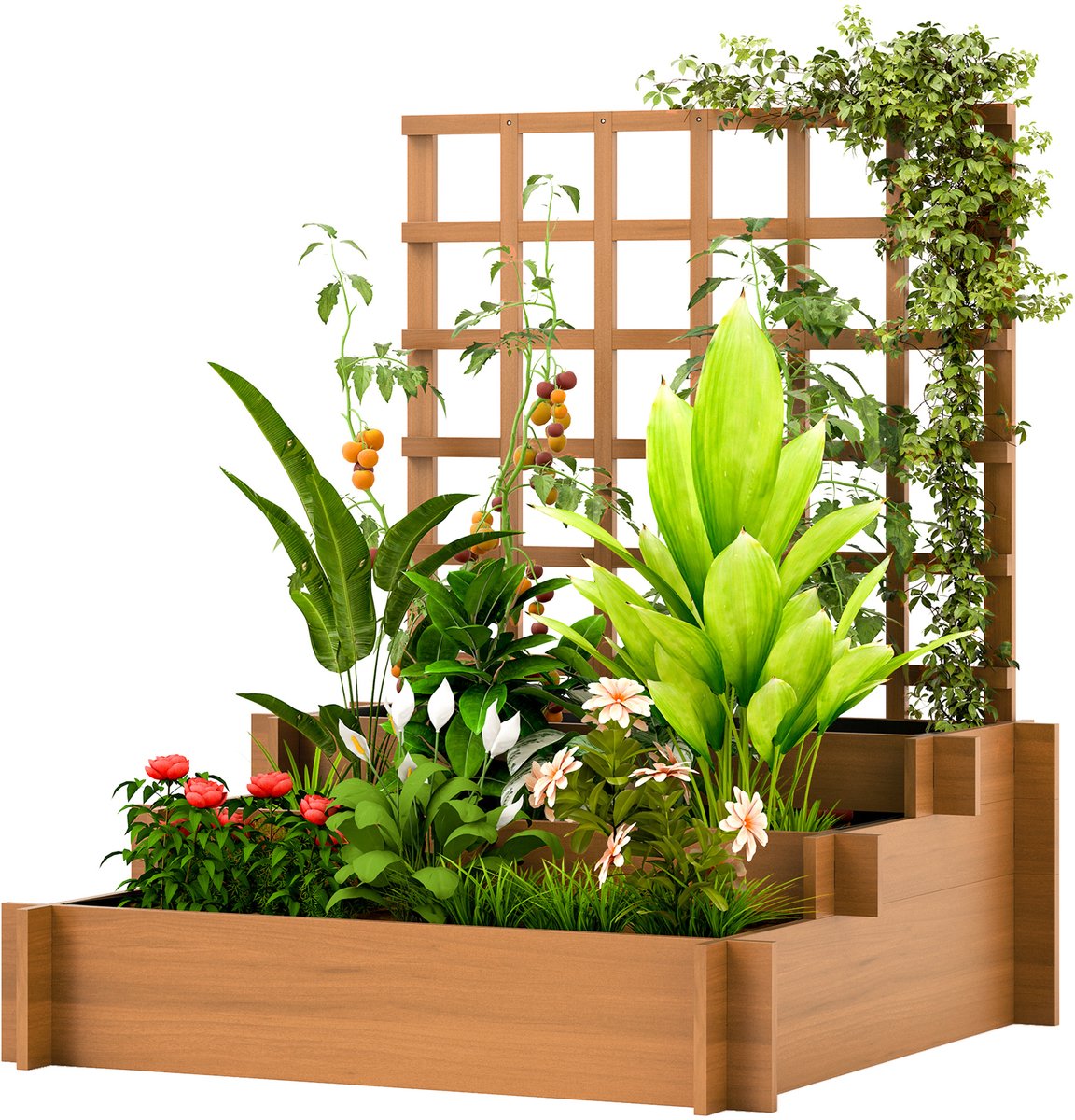 TEKROA® Plantenrek - 3-laags tuinplantenbakken met klimrek voor wijnranken - houten verhoogde plantenbakken - 95x95x110cm - bruin