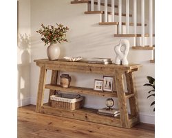 LITTLE TREE Consoletafel - 160 x 30 x 80 cm - Massief Hout - 2‑Laags Planken - Slank - Voor Hal En Entree - Bruin