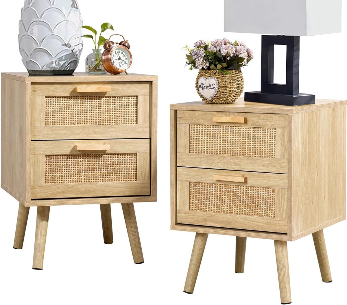 Nachtkastjes Set - Tafel Set - Slaapkamer Opbergen - Handgeweven Rattan - 40 x 39.5 x 55 cm - Natuurlijk Hout