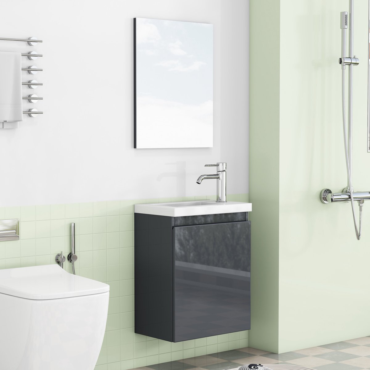 STILVORA Badkamerkast - Greeploos Wandmodel Met Wastafel En Spiegel - Ruimtebesparend Voor Badkamer En Gasten Toilet - MDF - Grijs - 39,8x24,8x48 Cm