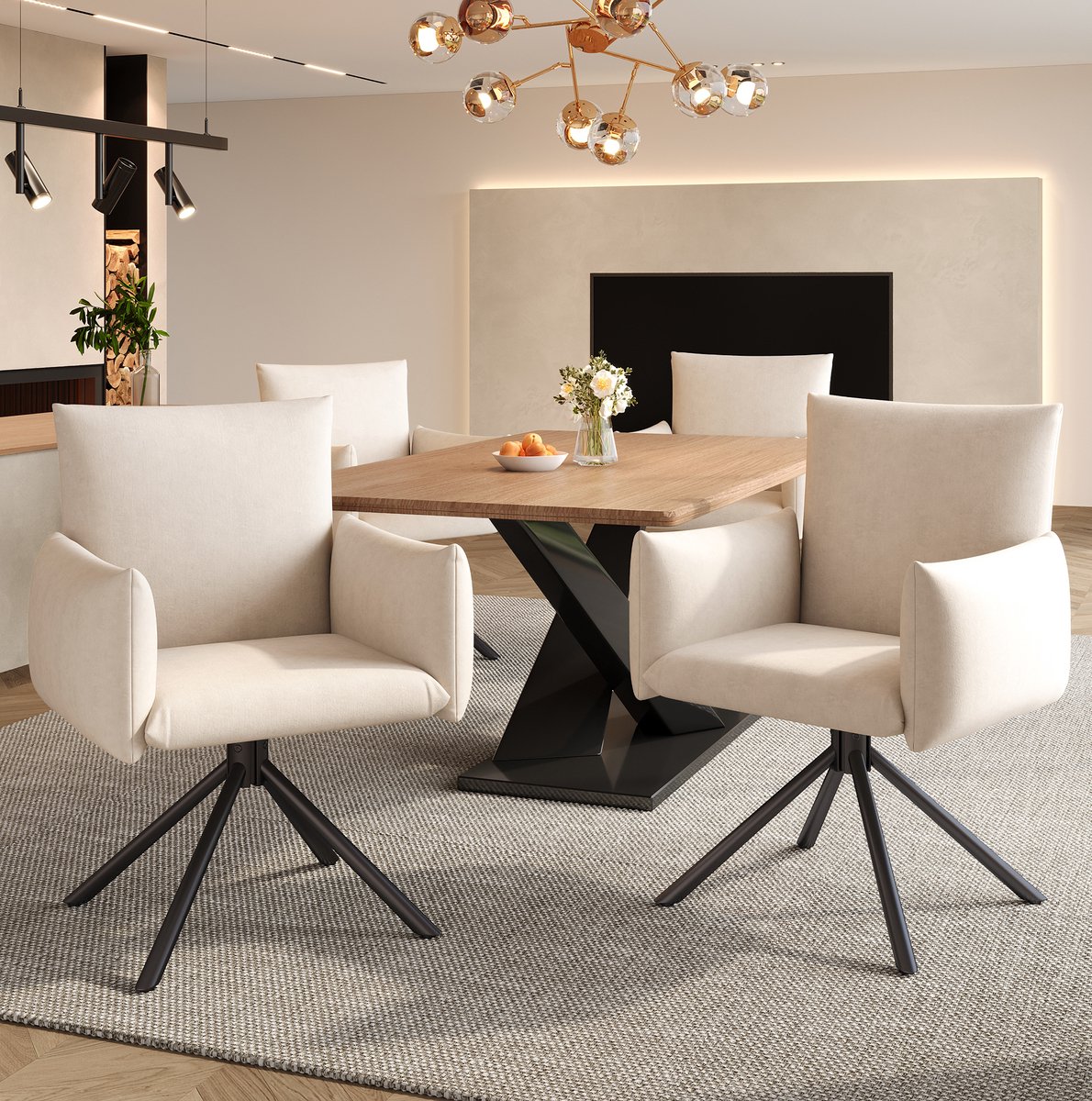 Wishdor Eetkamerstoel - Draaibaar 360° - Met armleuningen - Kuipstoel - Ergonomisch comfort en lendensteun - Voor eetkamer woonkamer ontvangst - Velvet - Beige
