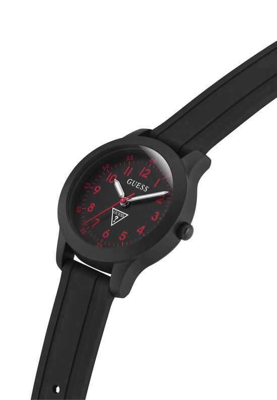 Zwart Guess horloge met rode cijfers en wijzers, zwarte siliconen band. Van opzij gezien.