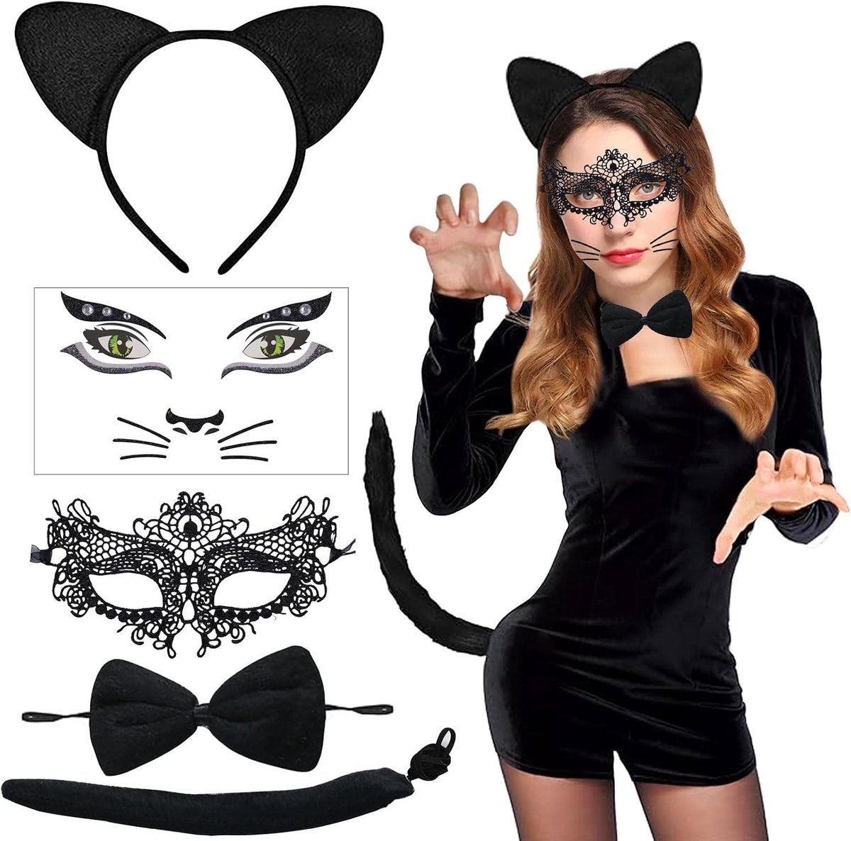 Vrouwelijke Kattenkostuum Set met Oren Haarband, Staart, Strik, Masker en Handschoenen voor Dames en Meisjes