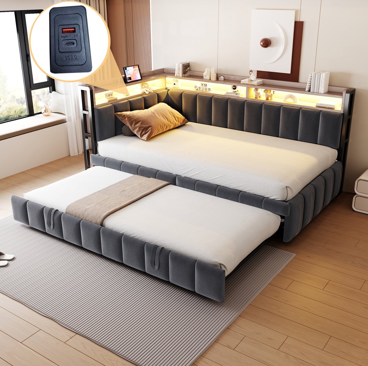 Wishdor Slaapbank 90x200 cm - Met uitrolbed en LED-verlichting - USB en Type-C - Opbergruimte en lattenbodem - Modern voor slaapkamer en logeerkamer - Stof - Grijs