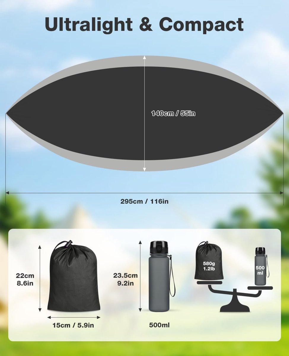 Ruime Hangmat 295x140cm, Draagbare Hangmat met Haken, 800lbs Belastbaarheid, Sneldrogend Parachute Nylon voor Buiten, Reizen, Wandelen en Tuingebruik