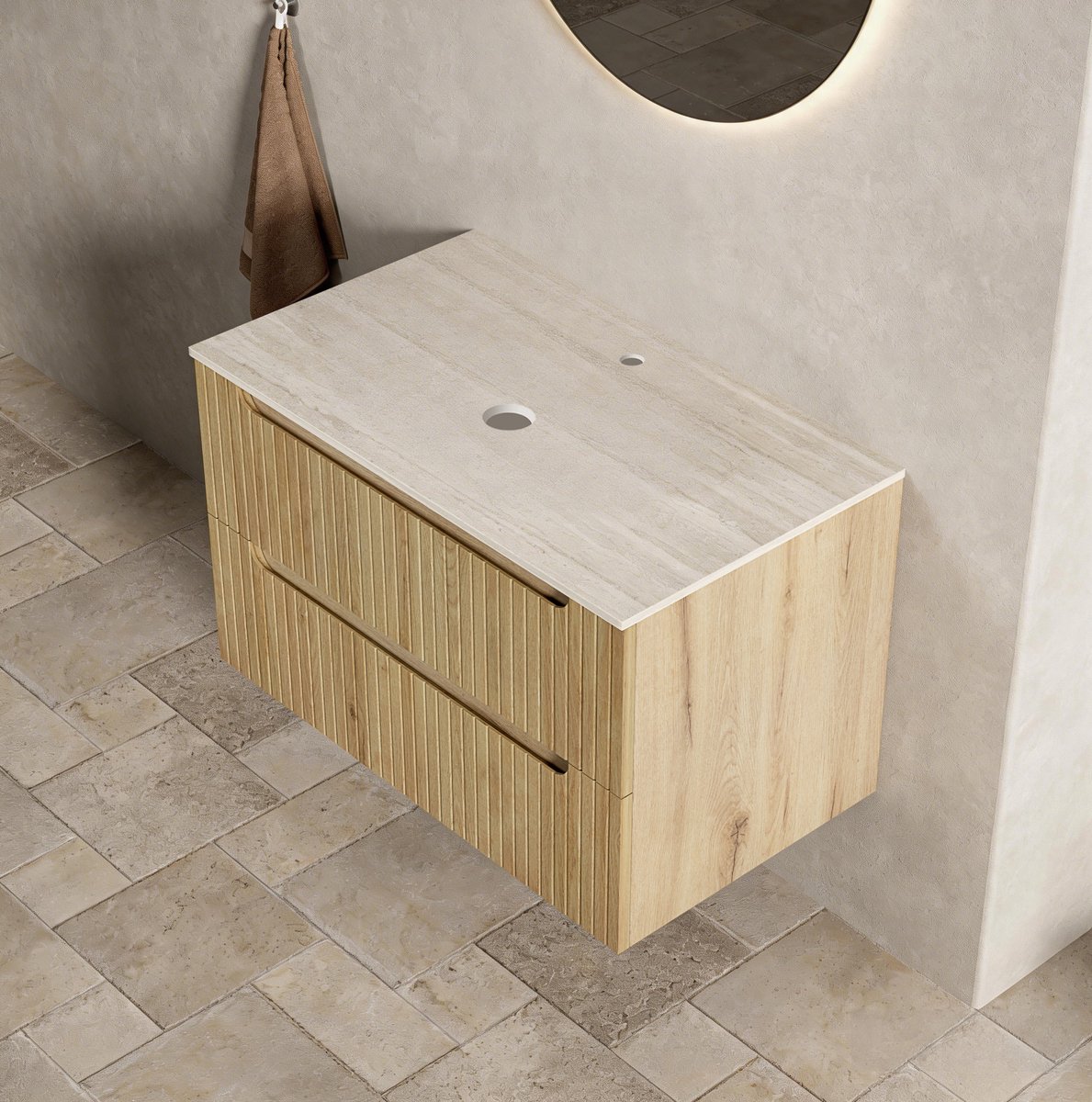 OKWISH Badkamerkast - Zwevend Wastafelmeubel Met 2 Lades - 80 x 46 x 48 cm - Voorgemonteerd Zonder Wasbak - Licht Eiken Hout