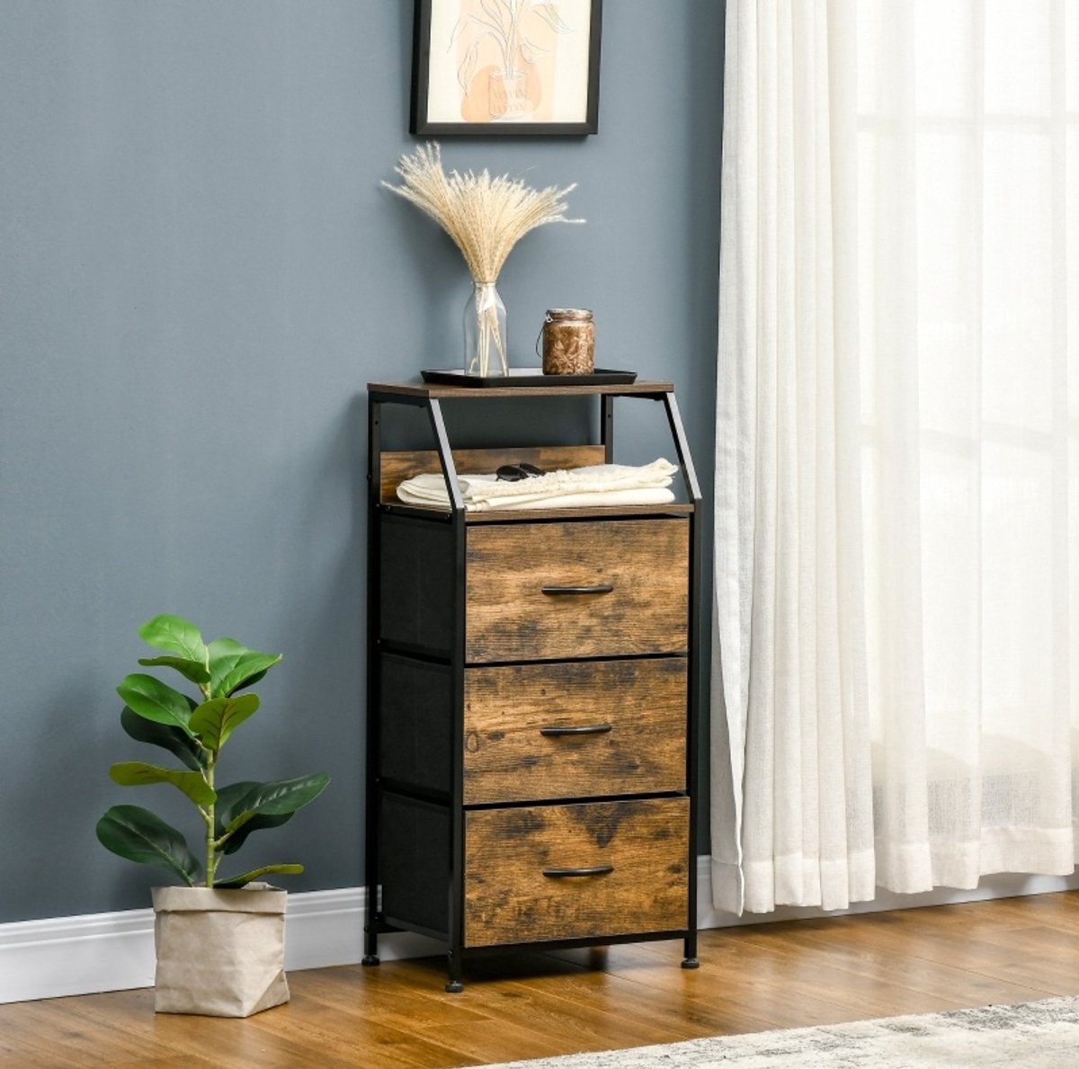OKWISH Dressoir - Stoffen Opbergkast Met 3 Lades - 44,5 x 29 x 92 cm - 2 Open Vakken - Industriele Opbergruimte - Bruin