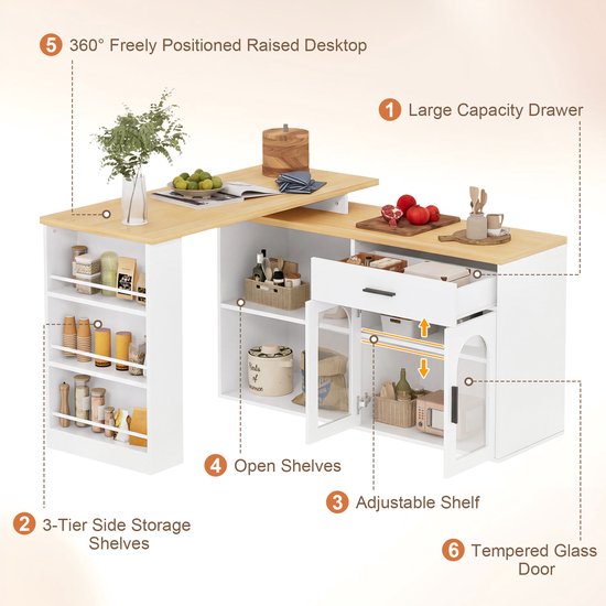 Stilvora Keukeneiland Met 360 Graden Draaibaar Tafelblad Opbergruimte Lade En Planken Voor Kleine Keuken Wit Mdf 136x50x78 Cm van Outdoorchef — afbeelding 3