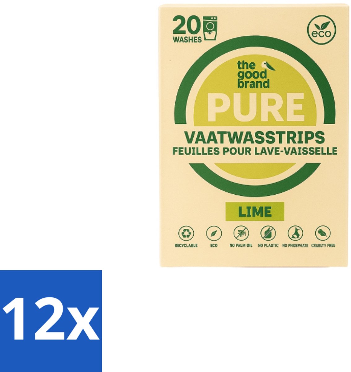 12 x The Good Brand - Vaatwasstrips - Lime- 20 wasbeurten - Vaatwasstrips - Plantaardig Wasmiddel - Duurzaam Vaatwasmiddel - Limoen Geur - Biologisch Afbreekbaar