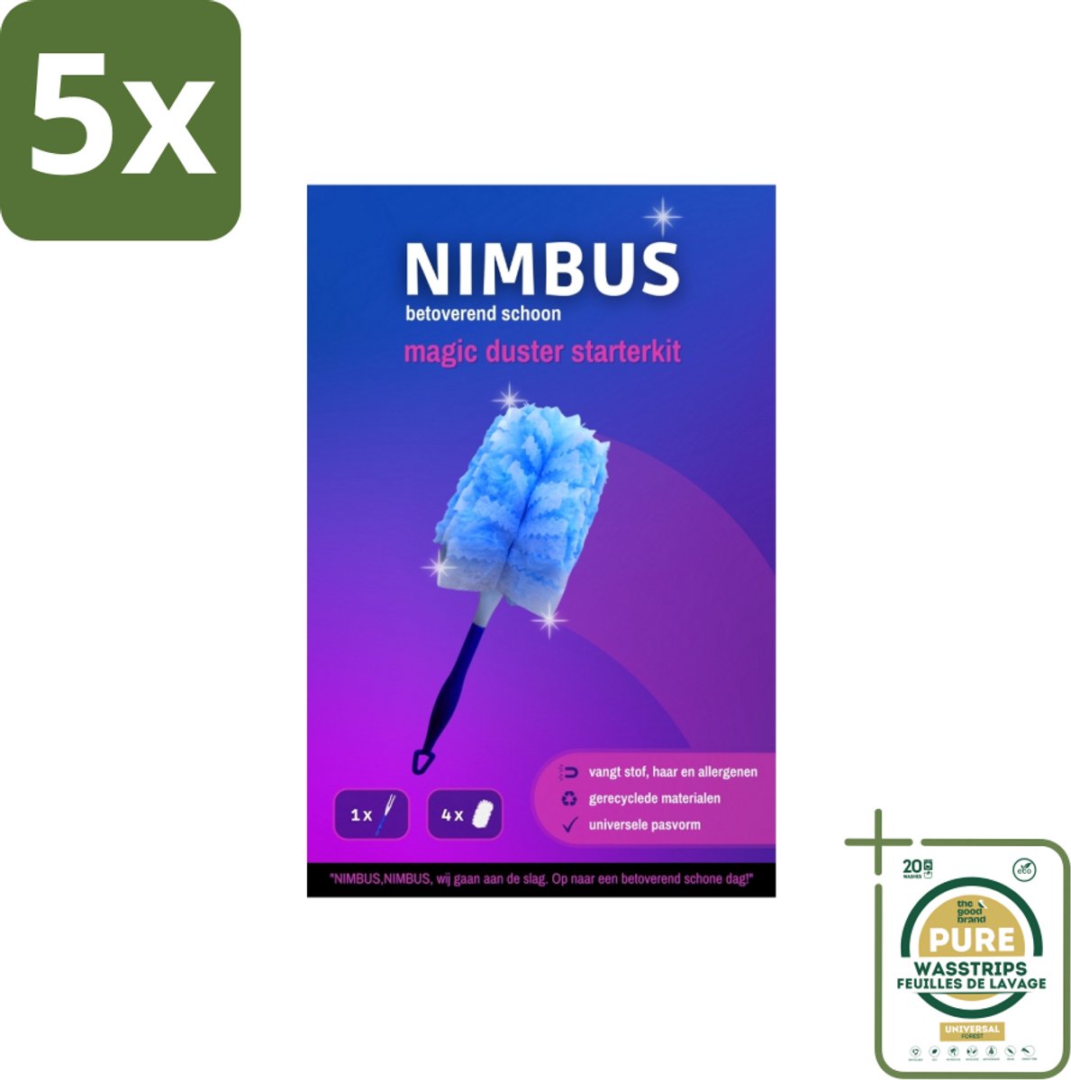 5 x NIMBUS Magic Duster Starterkit Handvat + 4 Navullingen 1 set - Grootverpakking - Schoonmaken - Stofvrij - Huisdierenharen - Allergenen - Statische Vezels