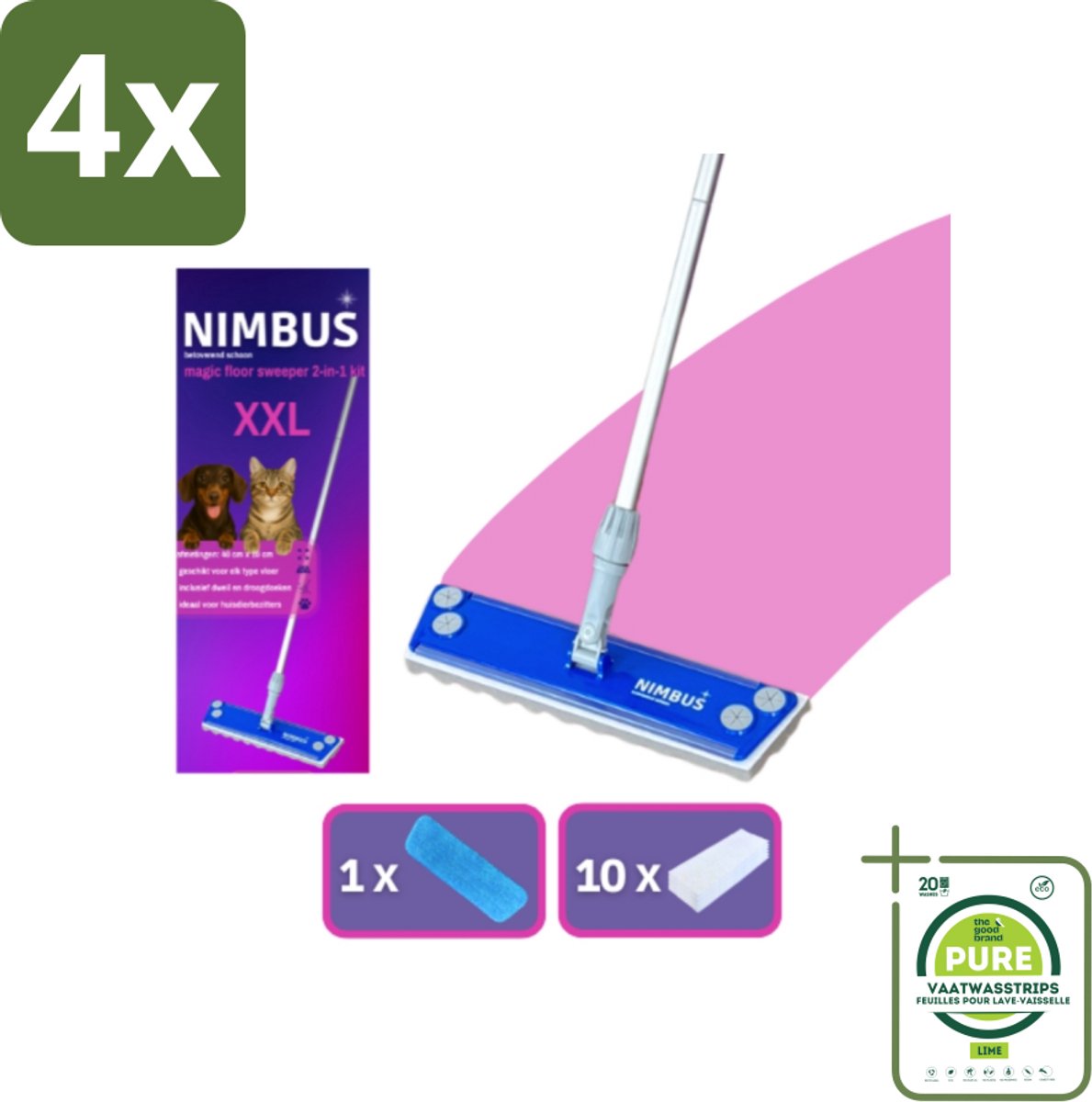 NIMBUS Magic Floor Sweeper XXL 2-in-1 Kit 1 Dweil + 10 Droge Vloerdoekjes 1 set - Voordeelverpakking - 4 stuks - Vloerwisser - Schoonmaken
