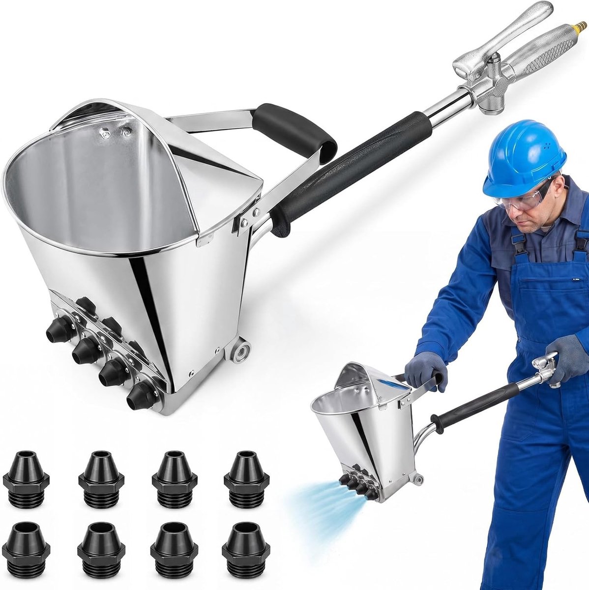 Professioneel mortelspuitpistool met 8 metalen sproeiers voor efficiënt en nauwkeurig spuiten van cement en gips