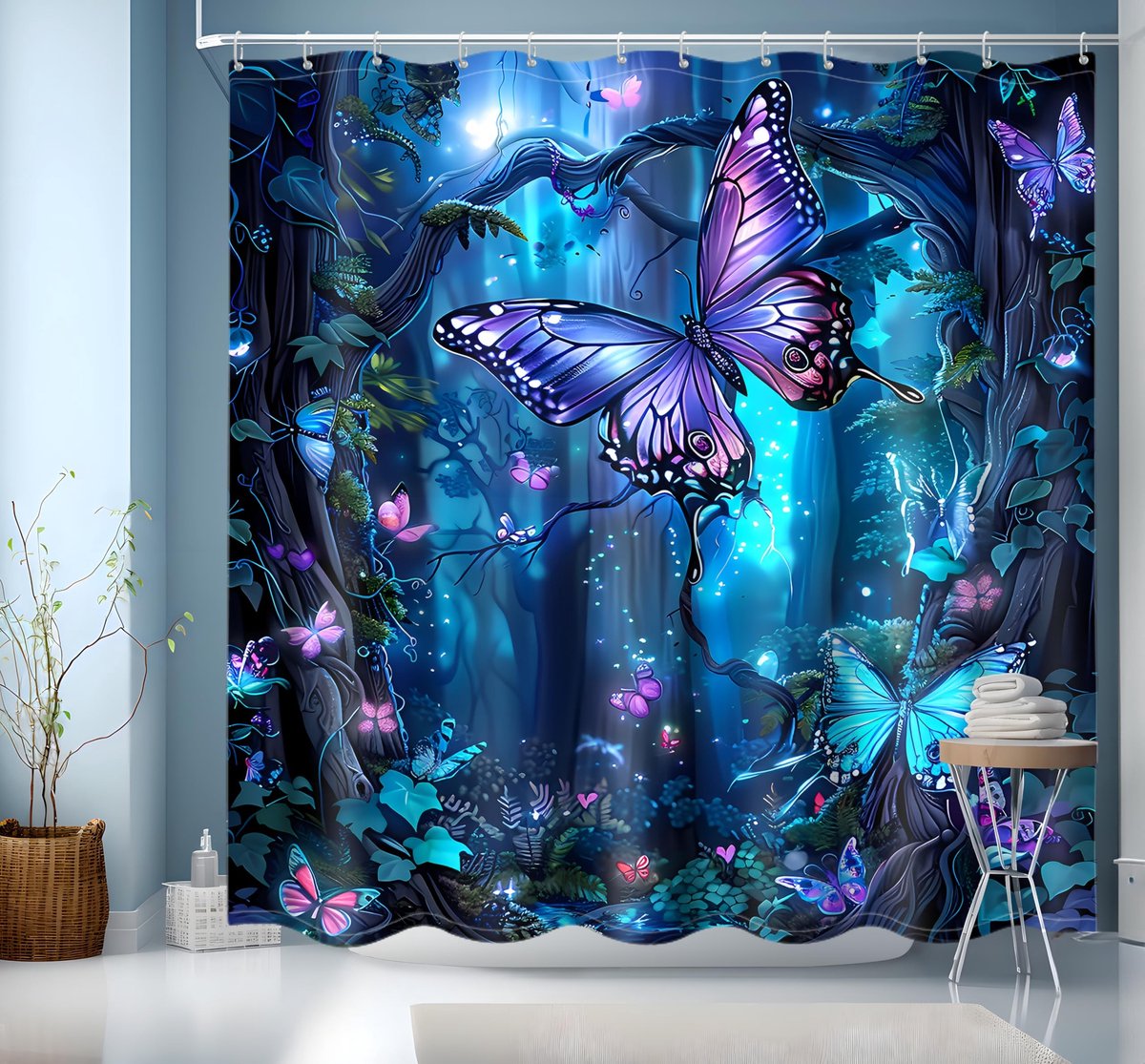 Elzusha - Blauw Douchescherm met Vlinderprint en 12 Haken