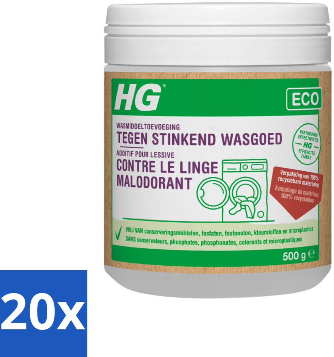 20 x HG Eco Wasmiddeltoevoeging tegen Stinkend Wasgoed 500 gr - Wasmiddel - Stankmoleculen - Wasgoed - Wasmiddeltoevoeging - Stinkend Wasgoed