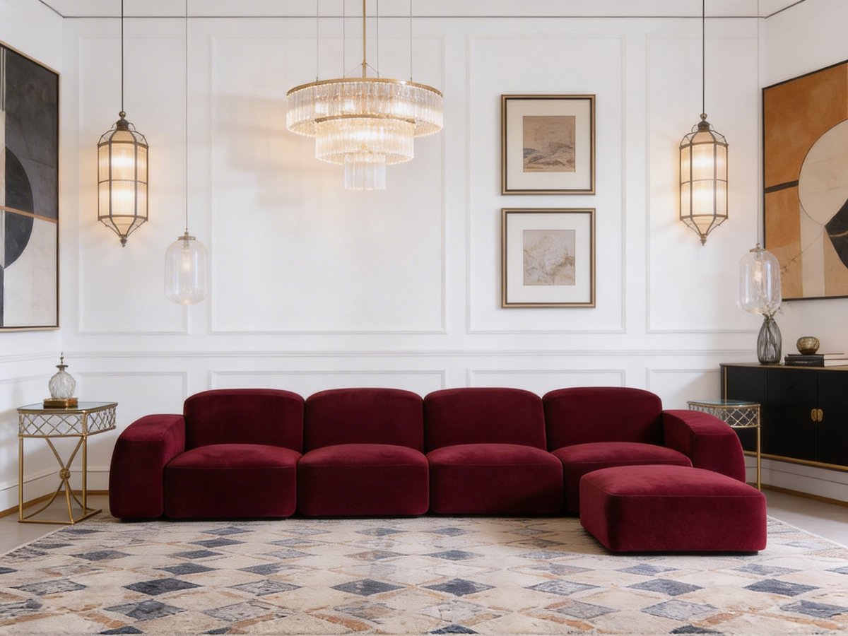 Elvora Lounge Red – Koningstijl – Bouclé Bank – Inclusief Hocker – Organisch Design – Luxe Loungebank voor Woonkamer