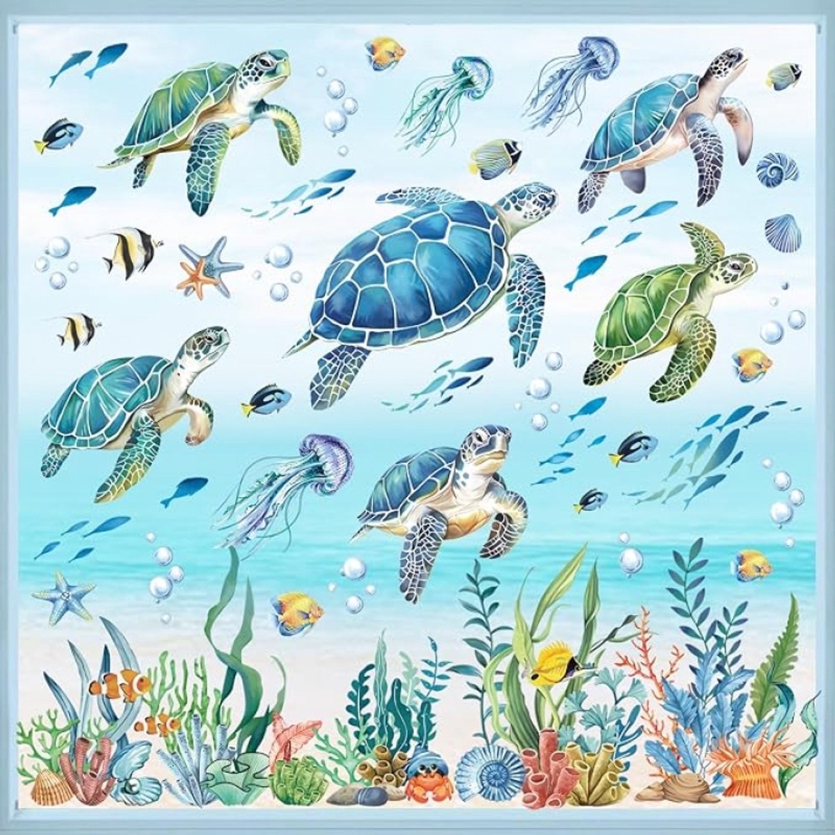 Ocean Wandstickers met Zeeschildpadden – Set van 8 Herbruikbare Raamstickers, Anti-Collision, Voorkom Vogelaanvaringen