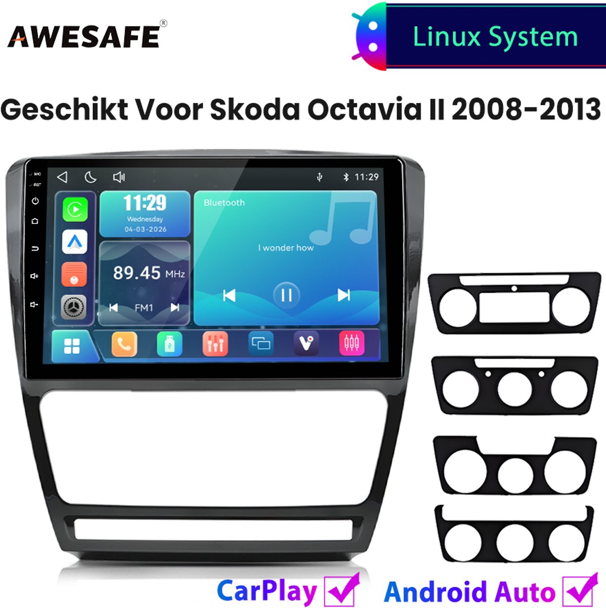 Awesafe Autoradio - Geschikt Voor Skoda Octavia II 2008 t/m 2013 - Draadloos Carplay Android Auto - Linux systeem - 10 Inch Touchscreen - Bluetooth Wifi - 2008 2009 2010 2011 2012 2013