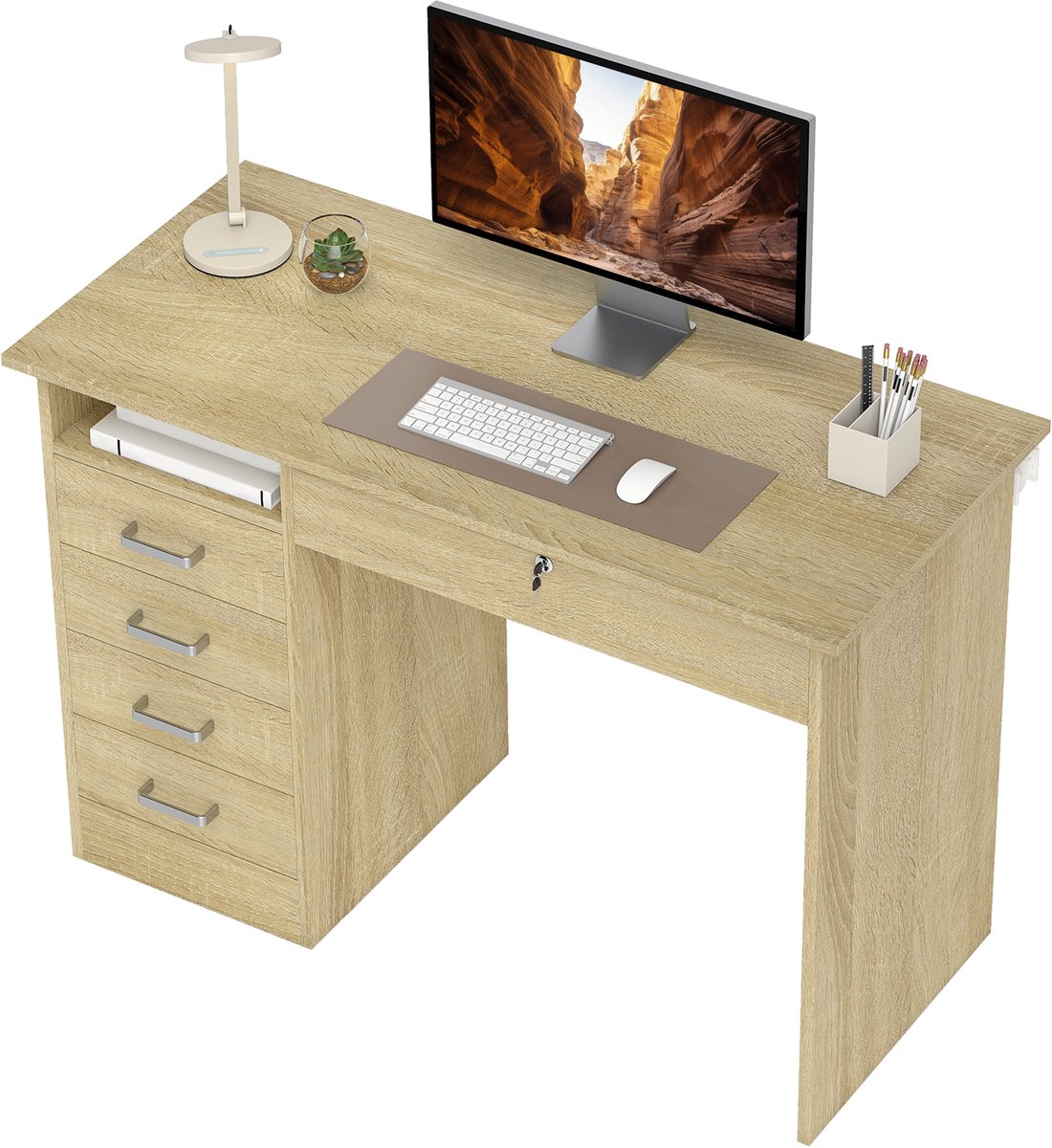 Bureau - Met 1 Opbergvakken - 5 Lades - 110 x 50 x 76cm - Eiken