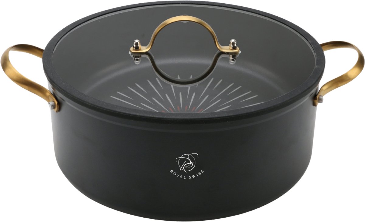 Royal Swiss® Braadpan 28 cm – Kookpan met Siliconen Deksel – Marmeren Anti-aanbaklaag – Geschikt voor Inductie – Zwart