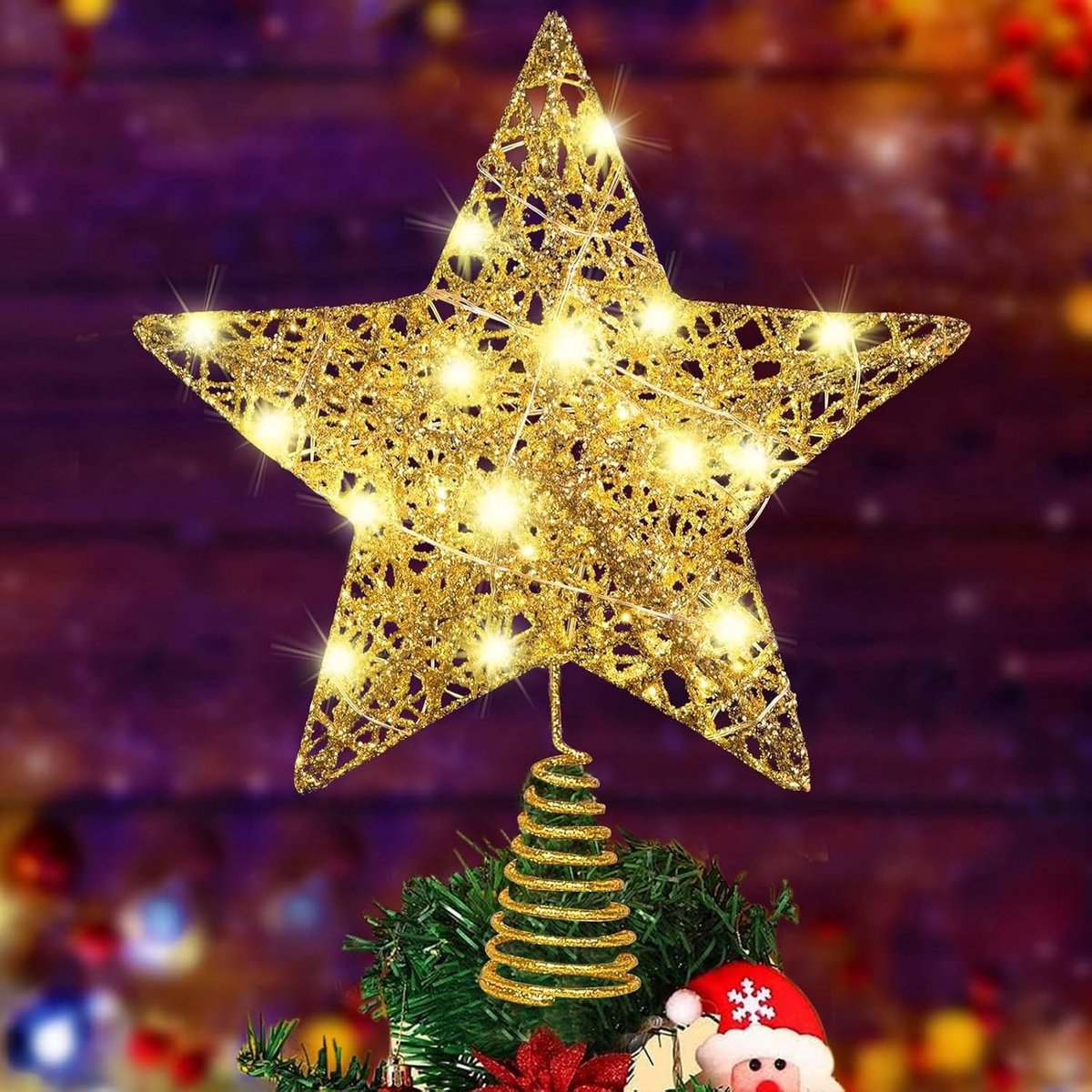 Gouden Ster Kerstboomtopper, Klassiek Design, 22.5 x 17.5 cm, LED Verlichting, Metaal, Voor Dennenboom, Kerstdecoratie