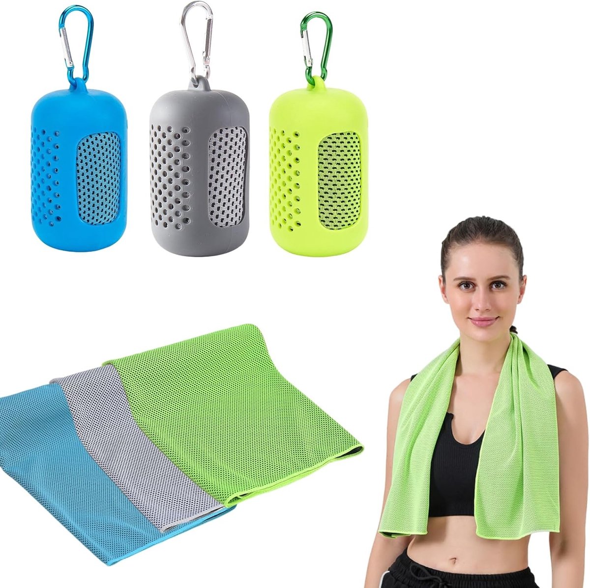 Koelende Handdoeken Set van 3, Sneldrogende Sporthanddoeken met Draagbare Siliconen Mouwen, Ideaal voor Fitness, Outdoor Activiteiten en Sport, 30 x 90 cm, Verkrijgbaar in 3 Kleuren