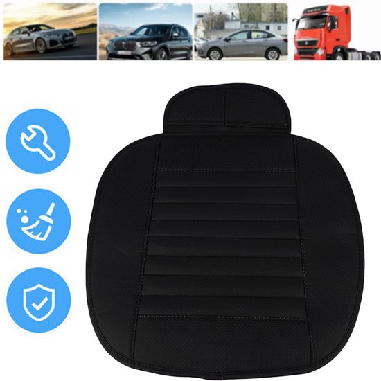Zwarte autostoelhoes met gestreepte vulling, met installatie- en reinigingssymbolen en een vrachtwagen.