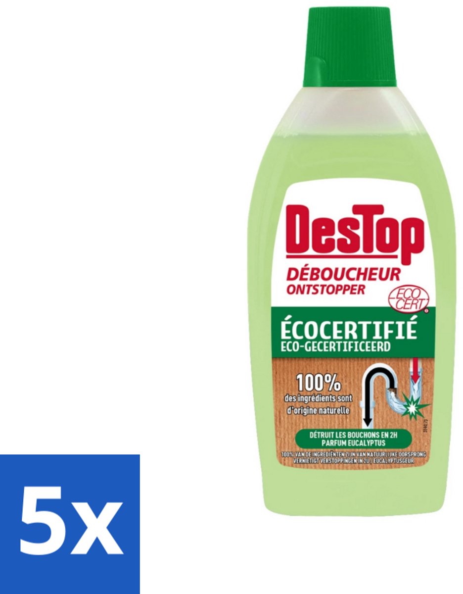 5 x DesTop - Onderhoud & Ontstop Leidingen - Biologische Ontstopper - Natuurlijke Ingrediënten - Eucalyptusgeur - 500 ml - Ontstopper - Verstopping - Natuurlijke Ontstopper - Eucalyptus - Ecologisch Onderhoud