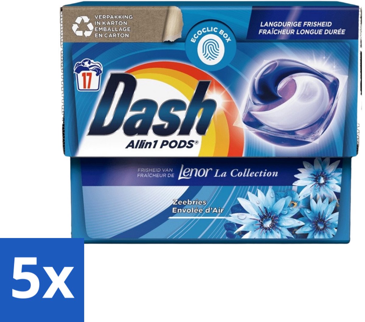 5 x Dash - Lenor Collectie - Wasmiddel Capsules - All-in-1 Pods - Witte en Gekleurde Was - Zeebries - 17 Wasbeurten - Wasmiddel Capsules - Zeebries Geur - Wasmachine Pod - Frisheid Was - Witte Was