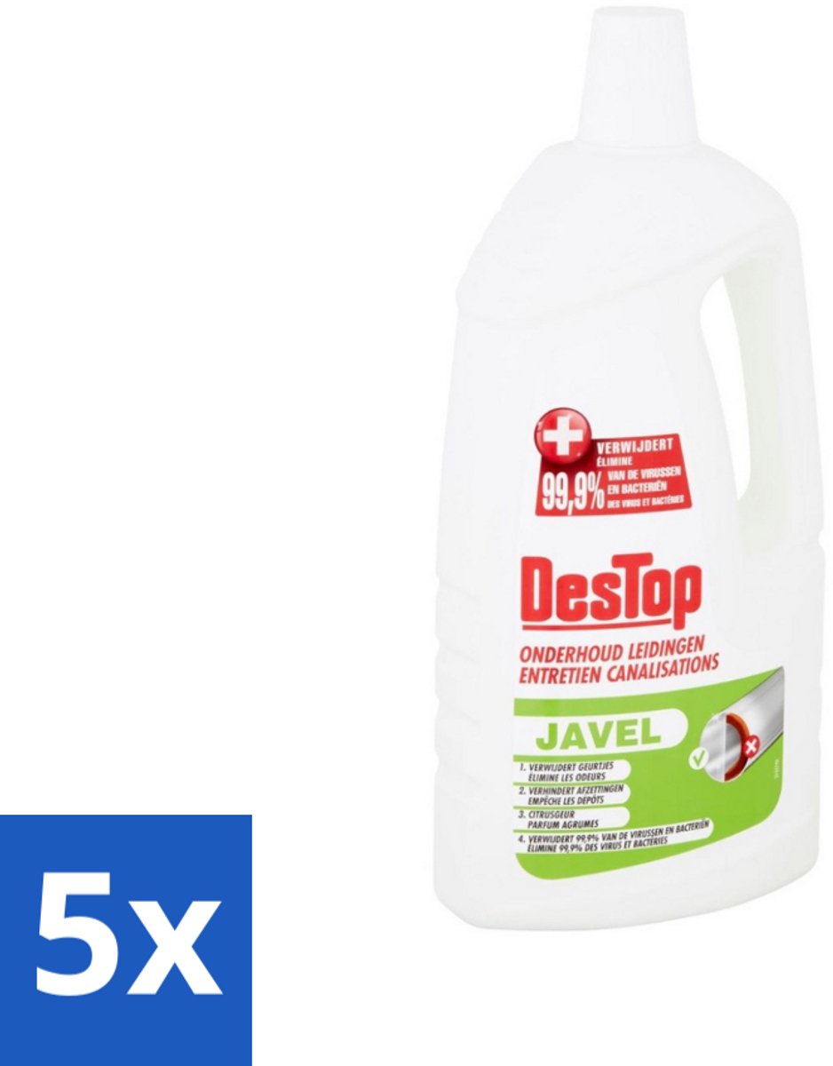 5 x DesTop - Onderhoud Leidingen - Javel - 4-in-1 Werking - Citroengeur - 1,5L - Leidingen Reinigen - Leidingen Onderhouden - Leidingen Schoonmaken - Leidingen Reinigen Citroengeur - Leidingen Hygiëne