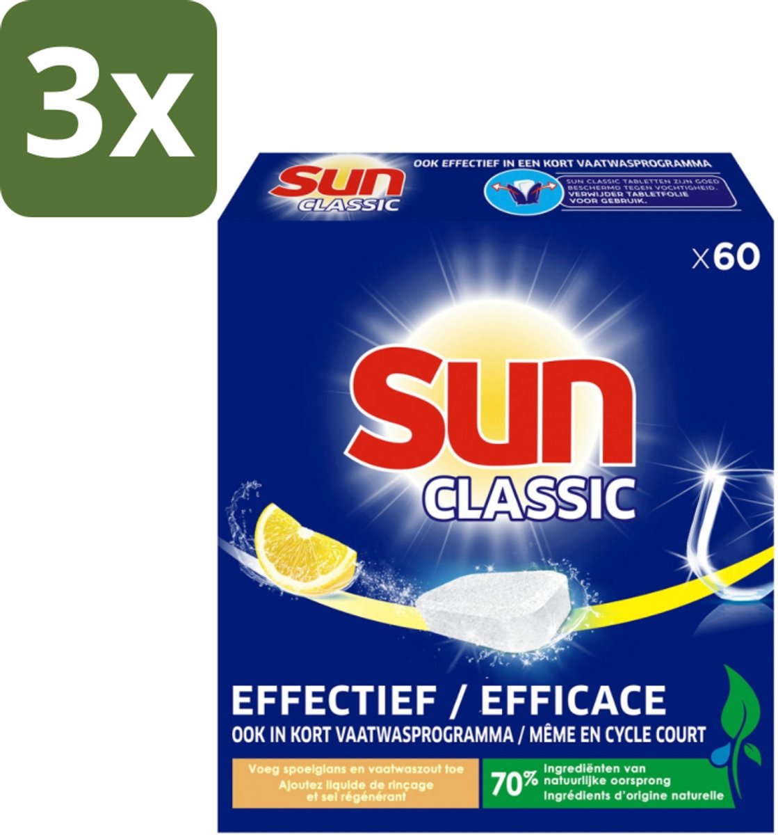 3 x Sun Classic - Vaatwastabletten - Voordeelverpakking - Citroen - 60 Tabletten - Vaatwastabletten - Citroengeur - Vaatwasser - Fosfaatvrije - Milieuvriendelijk