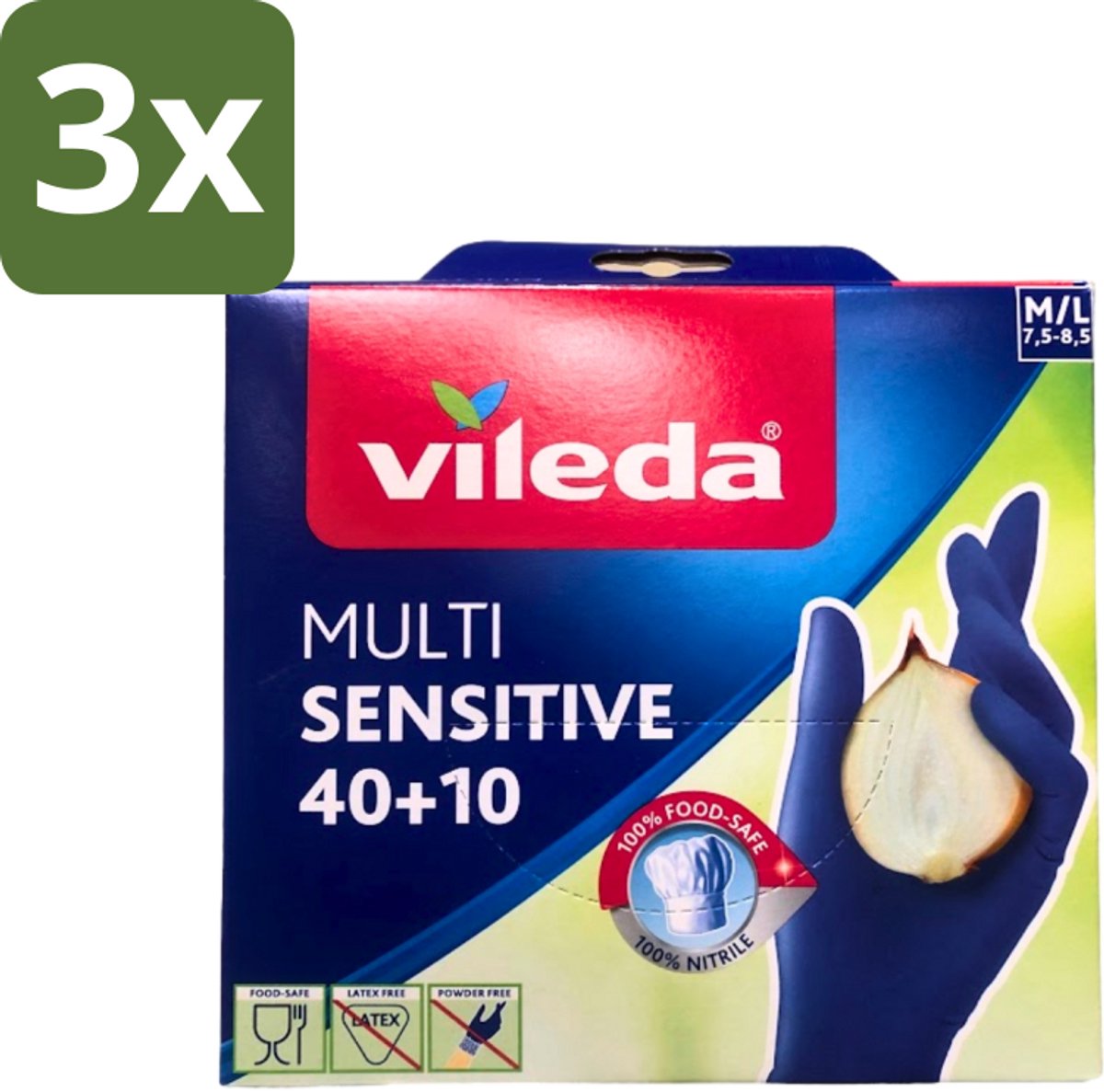 3 x Vileda - Multi Sensitive - Nitrile Handschoenen - Maat M/L - 50 Paar - Nitril Handschoenen - Latexvrije Handschoenen - Voedselhandschoenen - Hygiëne Handschoenen - Vetbestendige Handschoenen