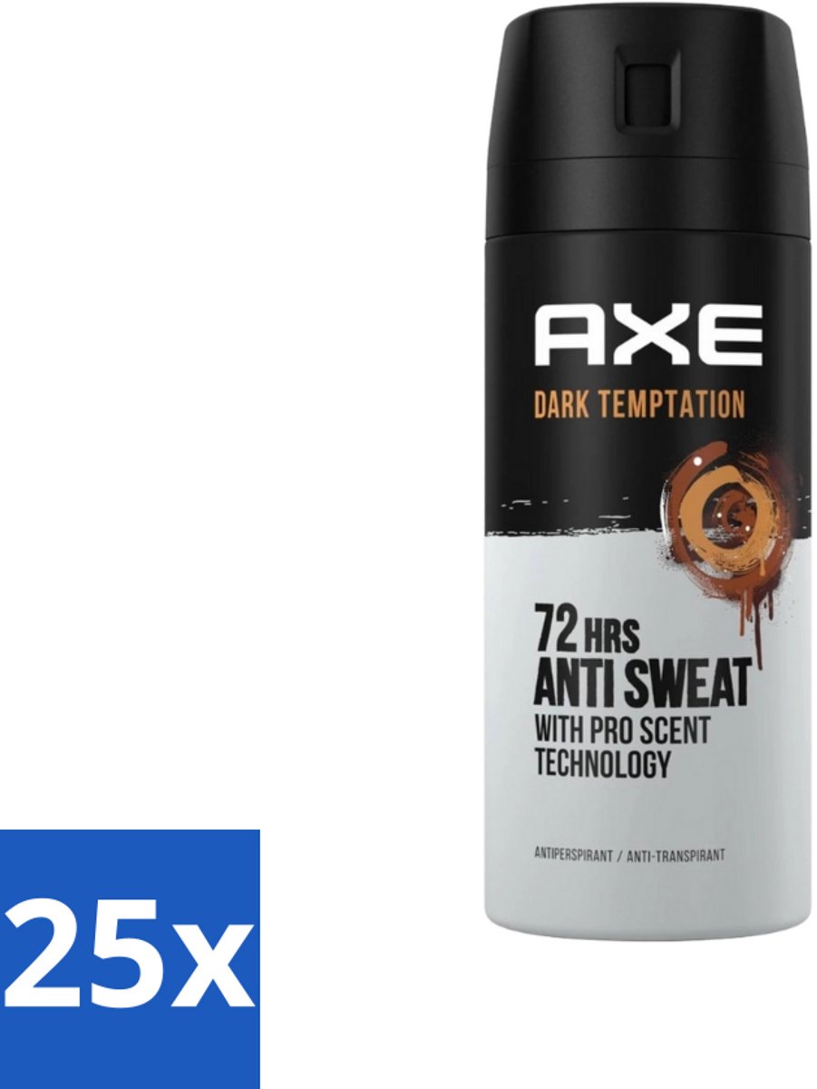 25 x Axe - Deodorant Spray - 72hrs Anti Sweat - Dark Temptation - 150 ml - Anti-sweat Spray - 72 Uur Bescherming - Zweetvoorkomend - Geur Chocolade - Kruiden Geur