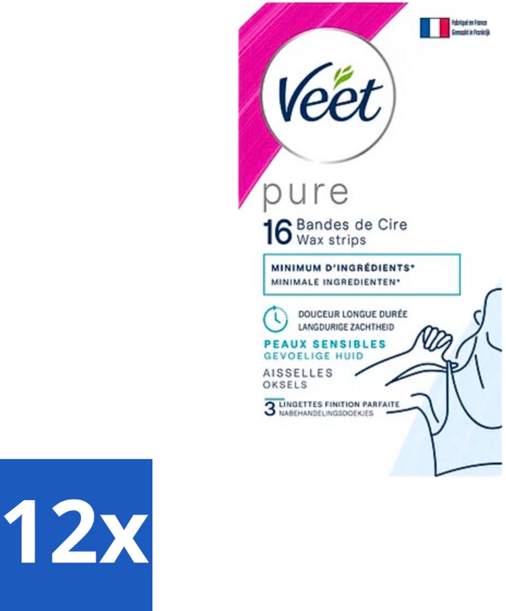 12 x Veet - Ontharingsstrips - Oksels - Hypoallergene Minima - 16 Strips - Ontharingsstrips - Oksels - Gladheid - Zachtheid - Gevoelige Huid