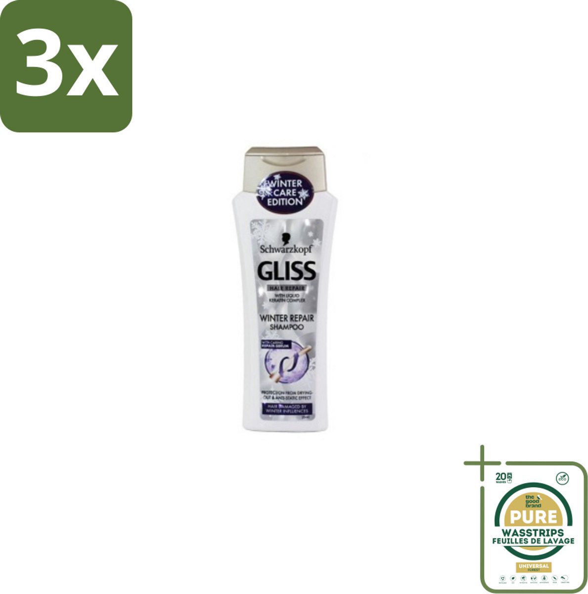 3 x Schwarzkopf - Gliss Kur - Shampoo - Keratine - Haarherstel - 250 ml - Grootverpakking - Haarherstel - Winterhaar - Keratine Shampoo - Beschadigd Haar - Haar Reparatie