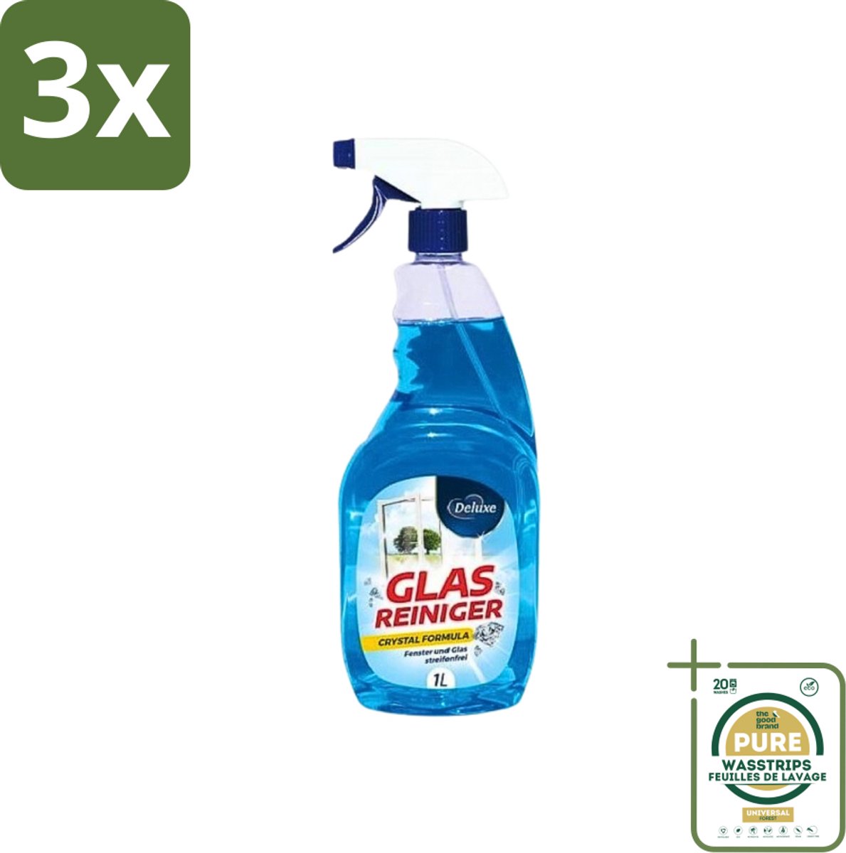 3 x Deluxe - Glasreiniger - Crystal Formule - Streeploze Glans - 1L - Grootverpakking - Streeploze Glans - Glas Reiniger - Glas Reinigen - Glas Helderheid - Glas Reiniger Crystal Formule