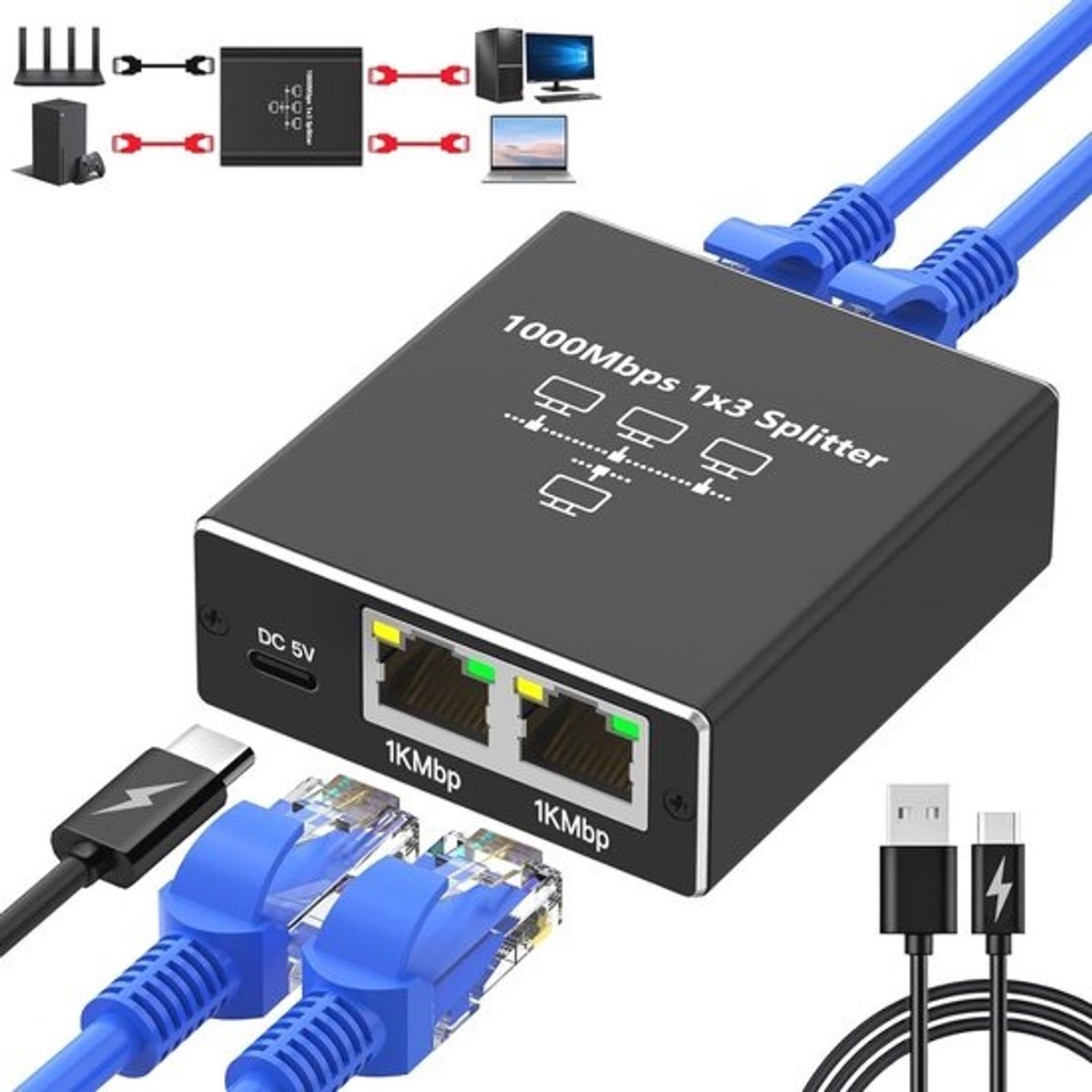 Ethernet Splitter 1 op 3 - Gigabit 1000 Mbps RJ45 LAN Met USB-C Stroomkabel