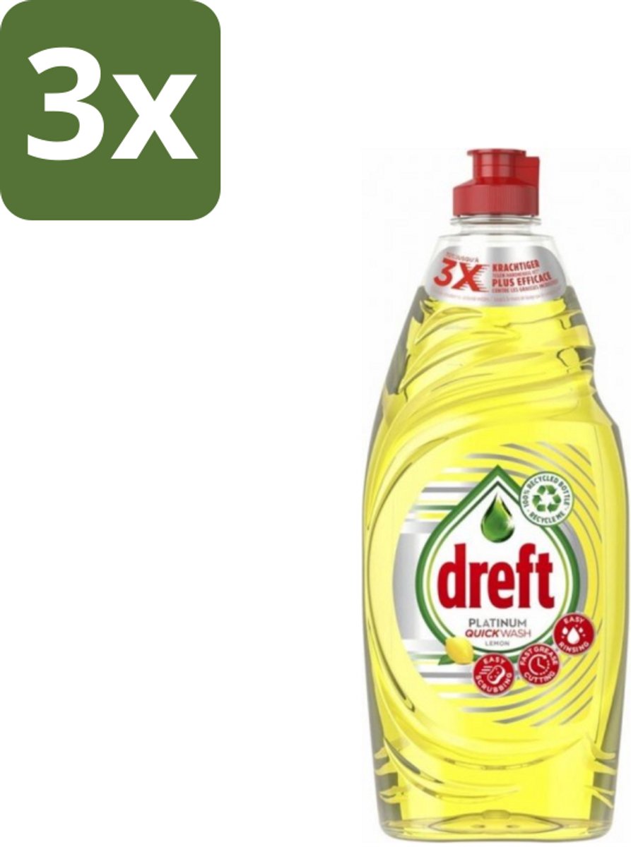 3 x Dreft Platinum Quickwash - Vloeibaar Afwasmiddel - Citroen- 625 ml - Snel Reinigen - Vaat Reinigen - Citroengeur - Vetresten Verwijderen - Afwasmiddel