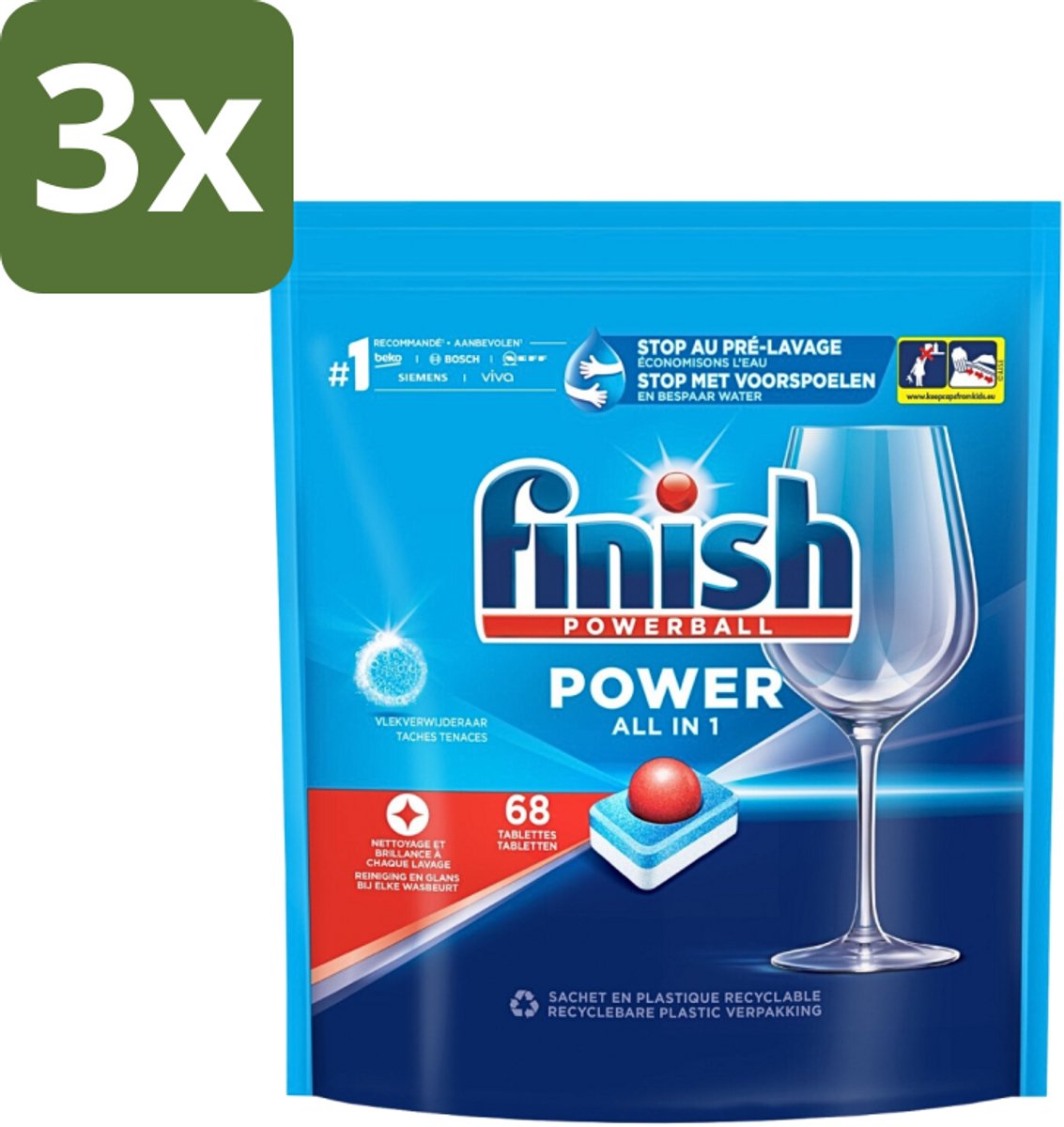 3 x Finish Powerball - Power All in 1 - Vaatwastabletten - Reiniging & Glans - 68 Tabletten - Vaatwastabletten - Vaat Reinigen - Vlekverwijderaar - Vaatwasmiddel - Krachtige Vaatwasmiddel