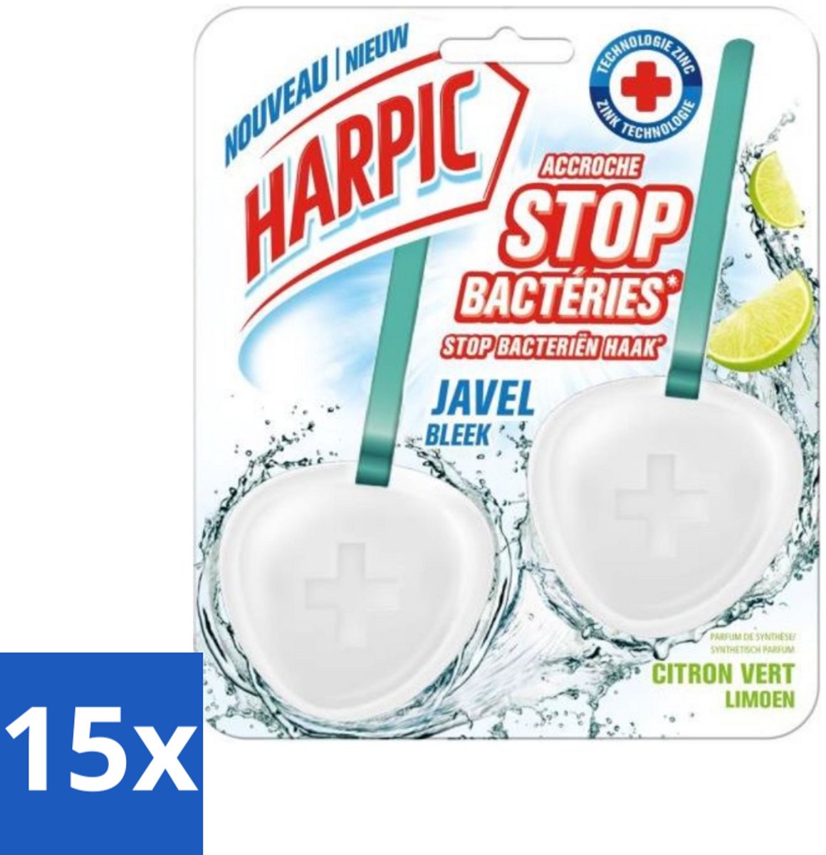 15 x Harpic - Toiletblok - Limoen - Met Bleek - 2 Blokjes - Toiletblok - Toilet Reinigen - Hygiëne - Citroengeur - Bleek