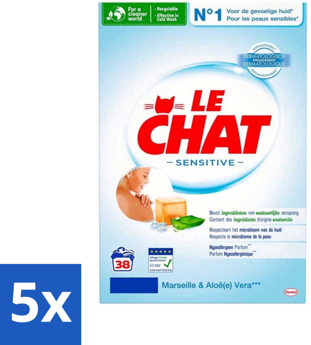 5 x Le Chat Sensitive - Waspoeder - Witte en Gekleurde Was - Marseille & Aloë Vera - 38 Wasbeurten - Waspoeder - Hypoallergen - Gevoelige Huid - Wasmiddel - Marseillezeep