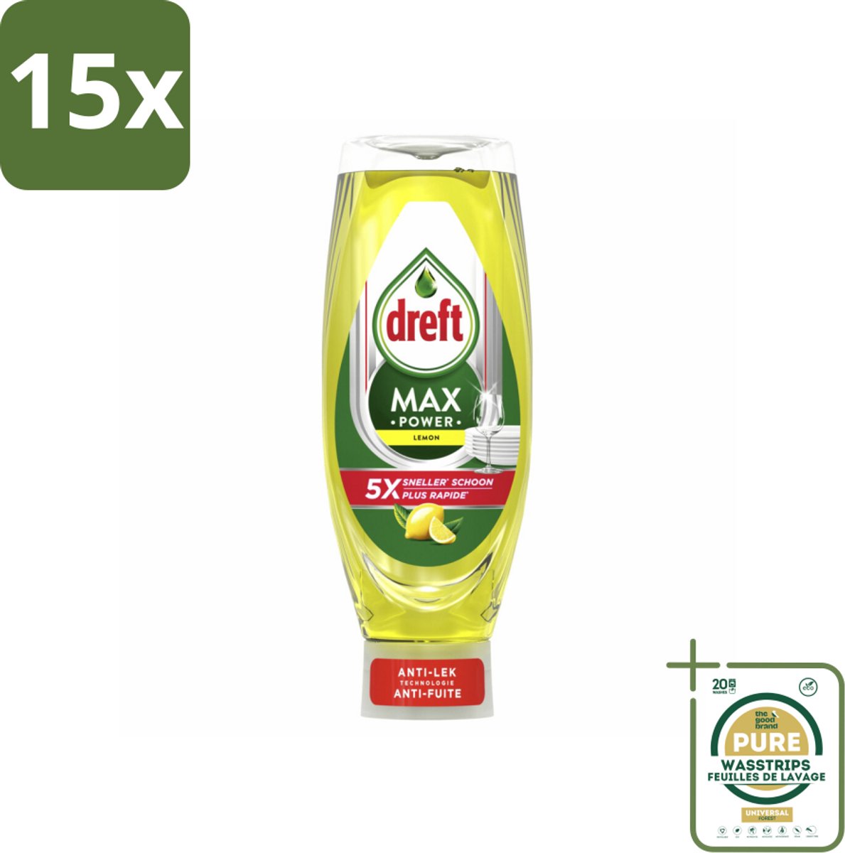 15 x Dreft - Afwasmiddel - Max Power Citroen - Extra ontvettend - 730 ml - Grootverpakking - Afwasmiddel Citroen - Vetverwijdering - Krachtig Afwassen - Schone Vaat - Citroengeur