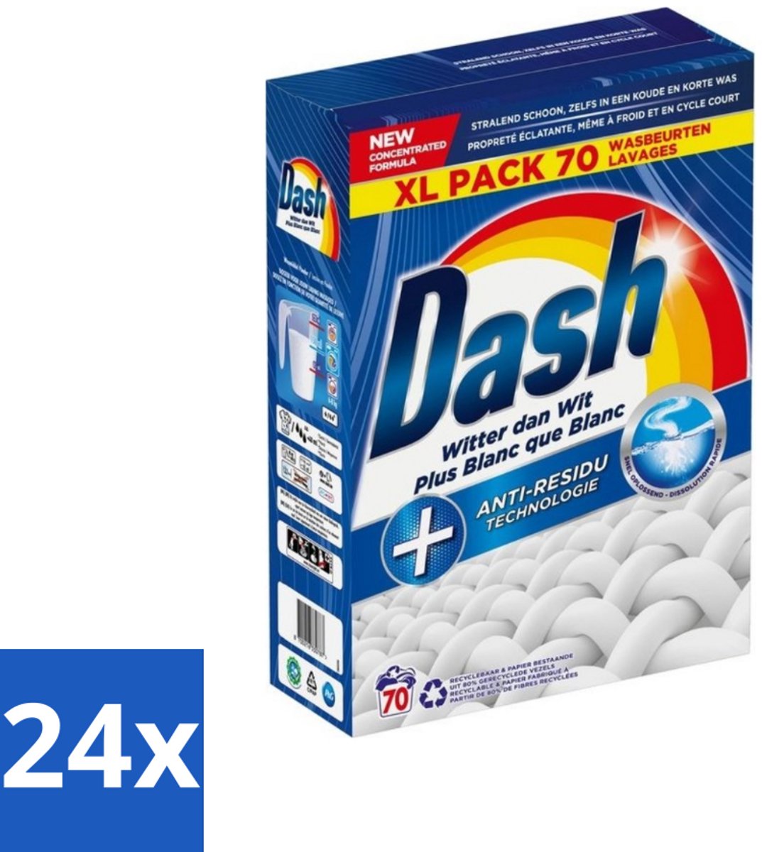 24 x Dash - Witter dan Wit - Snel Oplossend Waspoeder - Witte Was - 70 Wasbeurten - Waspoeder - Wit Was - Anti-residu - Wasmiddel - Energiebesparend