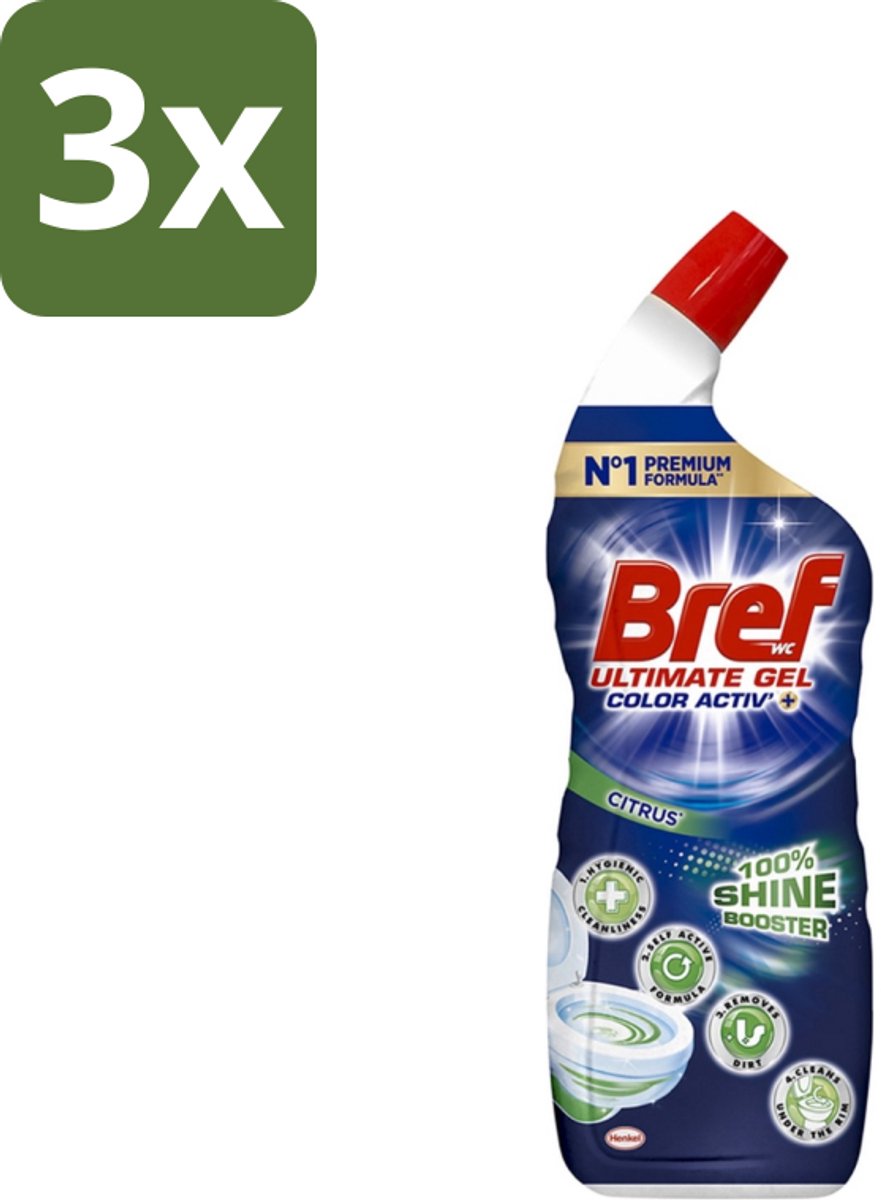 3 x Bref WC - Ultimate Gel Color Activ+ - Toiletreiniger - Citrus - 700 ml - Hygiëne Toilet - Toilet Reinigen - Toilet Reinigingsgel - Toilet Reinigingsproduct - Toilet Kalk Bestrijden