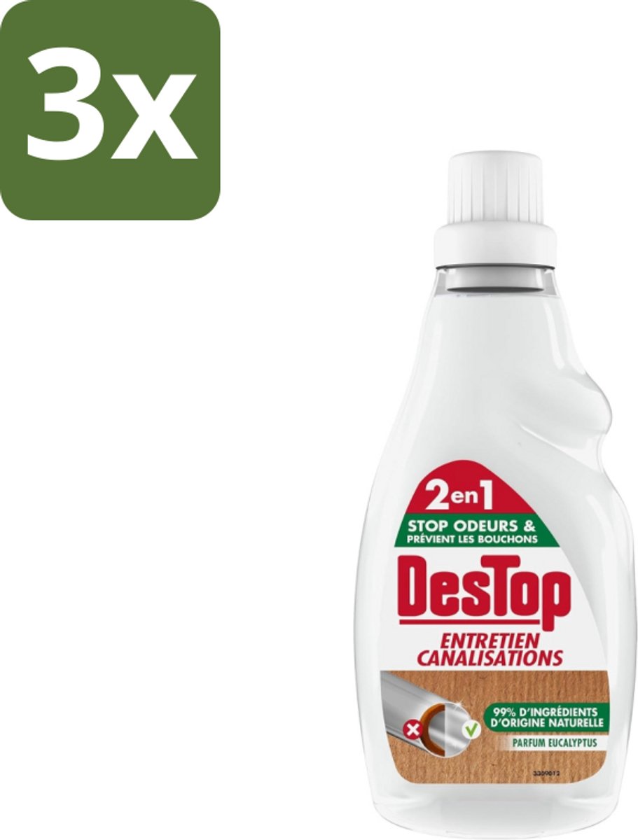 3 x DesTop - Onderhoud Leidingen - Ecologisch met Witte Azijn - Natuurlijke Ingrediënten - Eucalyptusgeur - 750 ml - Leidingen Onderhouden - Ecologisch Onderhoud - Witte Azijn - Natuurlijke Reiniging - Eucalyptusgeur