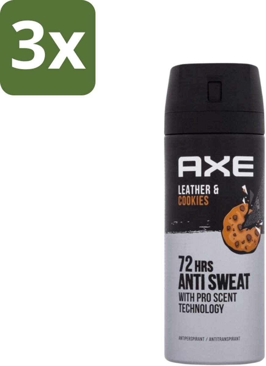3 x Axe - Deodorant Spray - 72hrs Anti Sweat - Leather & Cookies - 150 ml - 72 Uur Anti Zweet - Deodorant Spray - Zweetbestendig - Leer En Koekjes Geur - Langdurige Frisheid